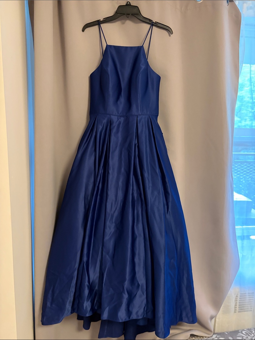 Betsy & Adam Midnight Blue Satin Spaghetti-Strap Gown